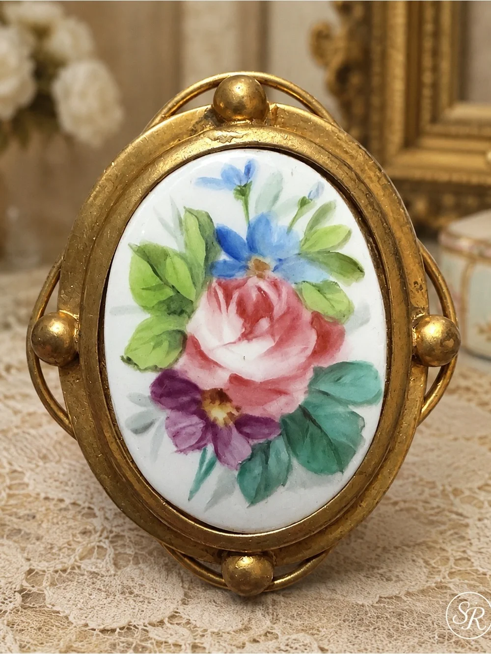 Antique Victorian Limoges Style Floral Porcelain Brooch Mixed Era Marriage Piece